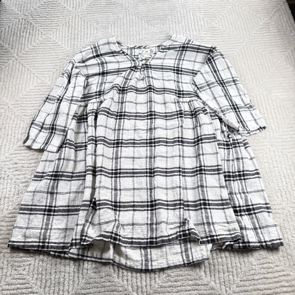 Namsa Babydoll Tunic Dress Women's L/XL White Black Plaid Cotton Boho Lagenlook